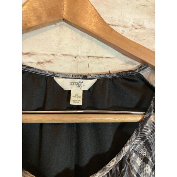 Terra & Sky Babydoll Top Womens 1X Gray Plaid Mesh Balloon Sleeve Ruffle Boho - Picture 2 of 12